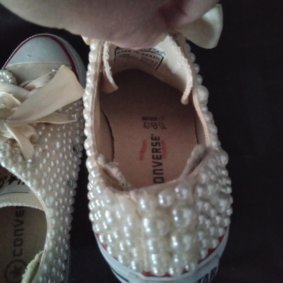 Custom Converse, pearl embellished w/ satin ribbon for laces, cr… - Picture 3 of 15